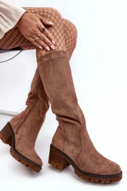 Sale Boto Kozaki Damskie Przed Kolano Na Niskim Obcasie Brązowe Beveta Brązowy