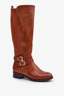 Online Kozaki Damskie Przed Kolano Na Płaskim Obcasie Z Klamrami Camel Lotina Damskie Kozaki Przed Kolano|Kozaki Na Obcasie