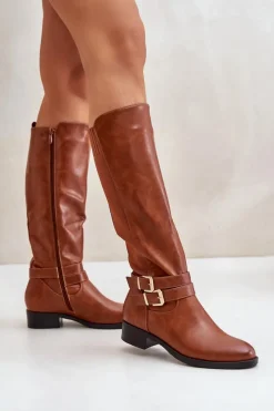 Online Kozaki Damskie Przed Kolano Na Płaskim Obcasie Z Klamrami Camel Lotina Damskie Kozaki Przed Kolano|Kozaki Na Obcasie