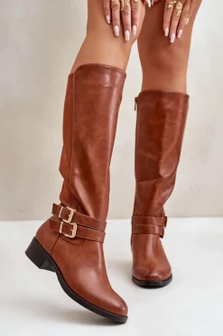 Online Kozaki Damskie Przed Kolano Na Płaskim Obcasie Z Klamrami Camel Lotina Damskie Kozaki Przed Kolano|Kozaki Na Obcasie