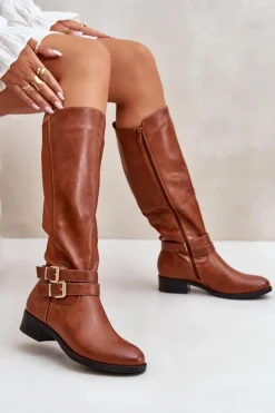 Online Kozaki Damskie Przed Kolano Na Płaskim Obcasie Z Klamrami Camel Lotina Damskie Kozaki Przed Kolano|Kozaki Na Obcasie