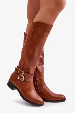 Online Kozaki Damskie Przed Kolano Na Płaskim Obcasie Z Klamrami Camel Lotina Damskie Kozaki Przed Kolano|Kozaki Na Obcasie