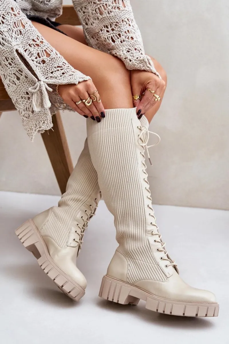 Sale Boto Kozaki Damskie Skarpetkowe Sznurowane Na Płaskim Obcasie Beżowe Vamisha