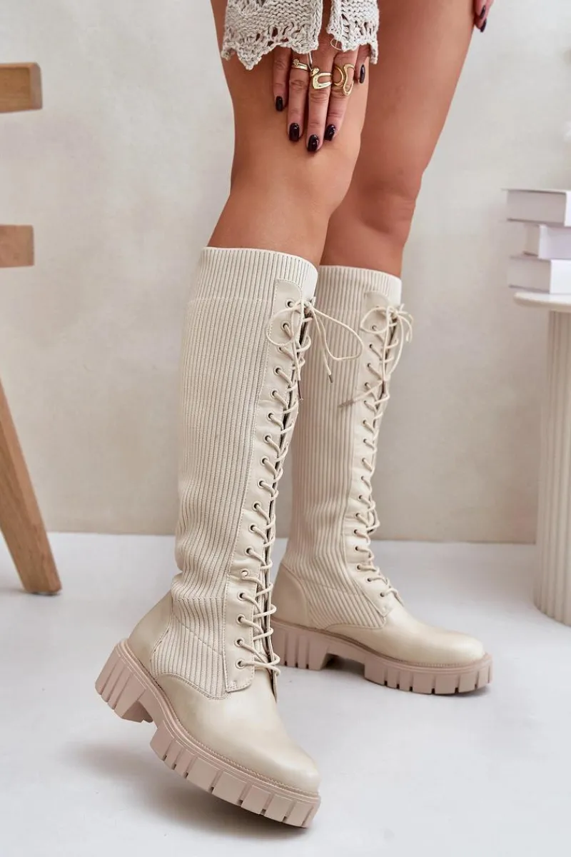 Sale Boto Kozaki Damskie Skarpetkowe Sznurowane Na Płaskim Obcasie Beżowe Vamisha