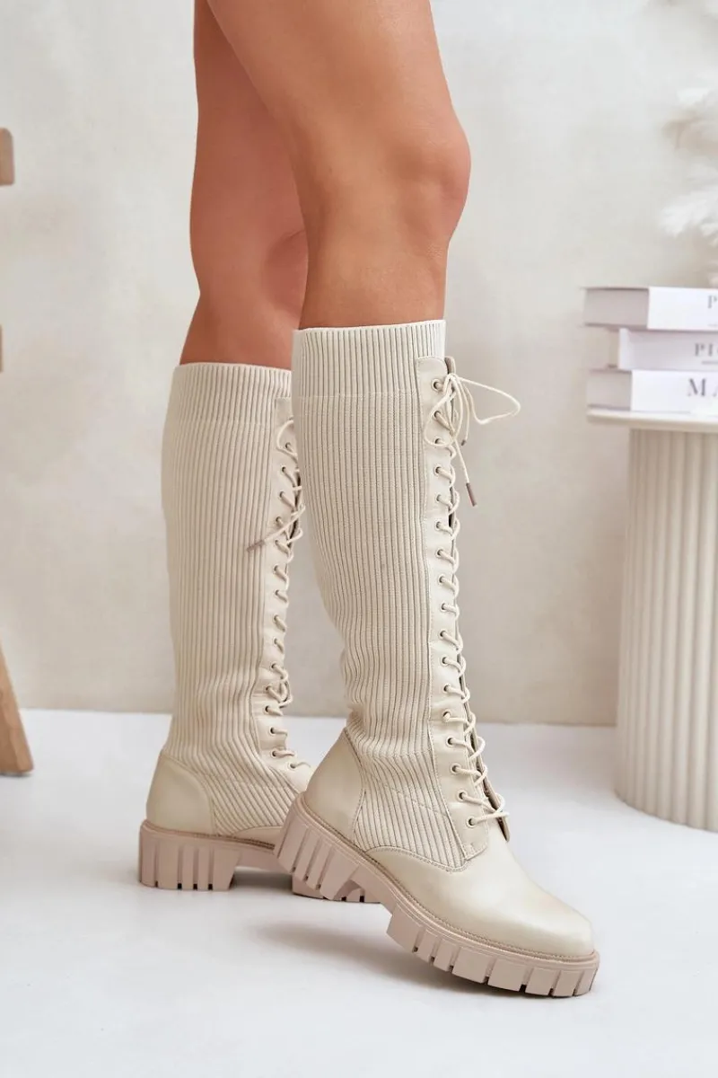 Sale Boto Kozaki Damskie Skarpetkowe Sznurowane Na Płaskim Obcasie Beżowe Vamisha