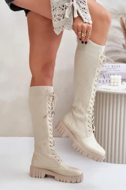 Sale Boto Kozaki Damskie Skarpetkowe Sznurowane Na Płaskim Obcasie Beżowe Vamisha