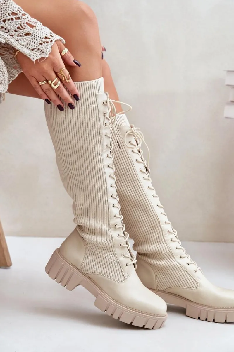 Sale Boto Kozaki Damskie Skarpetkowe Sznurowane Na Płaskim Obcasie Beżowe Vamisha