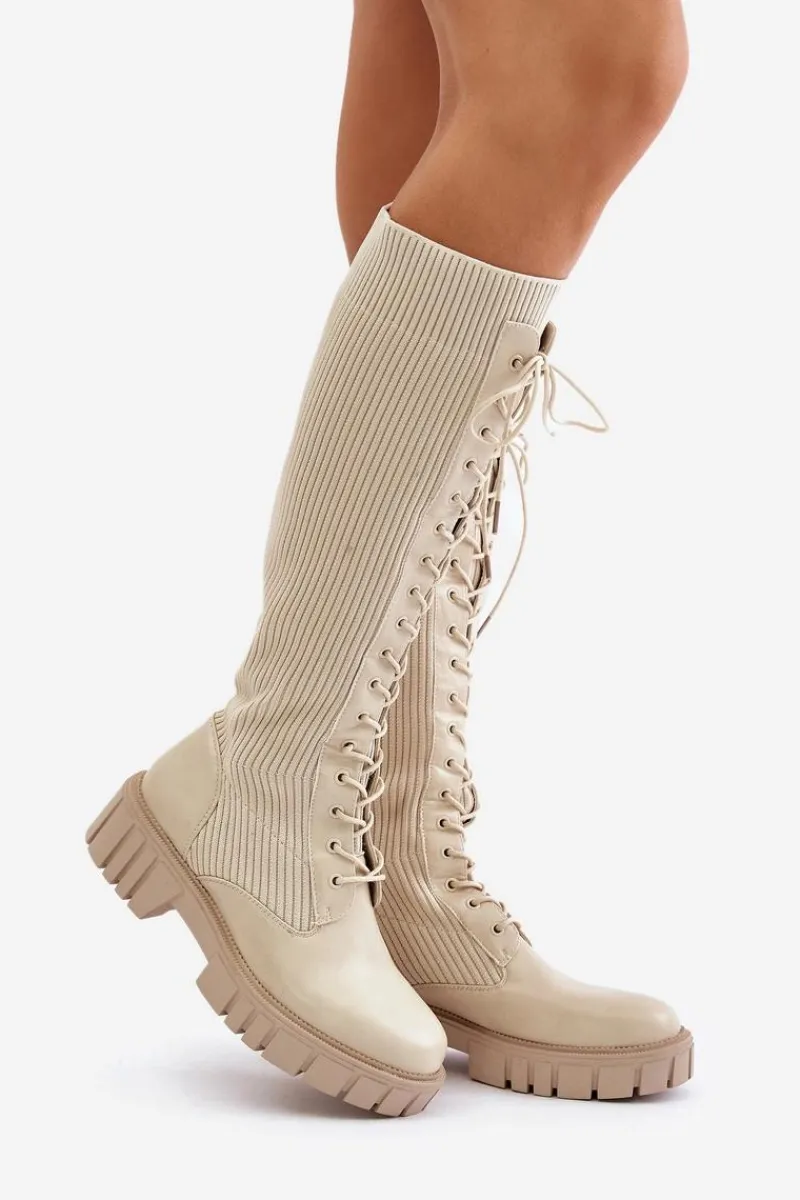 Sale Boto Kozaki Damskie Skarpetkowe Sznurowane Na Płaskim Obcasie Beżowe Vamisha