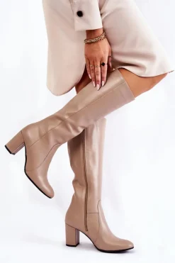 New Kozaki Damskie Skórzane Beżowe 1415 Damskie Kozaki Przed Kolano|Kozaki Na Obcasie