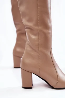 New Kozaki Damskie Skórzane Beżowe 1415 Damskie Kozaki Przed Kolano|Kozaki Na Obcasie