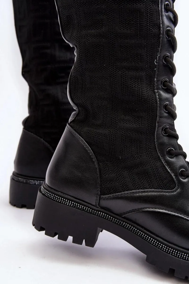 Kozaki Ocieplane|Kozaki Wiosenne>Boto Kozaki Damskie Sznurowane Z Elastyczną Cholewką Czarne Virxinia