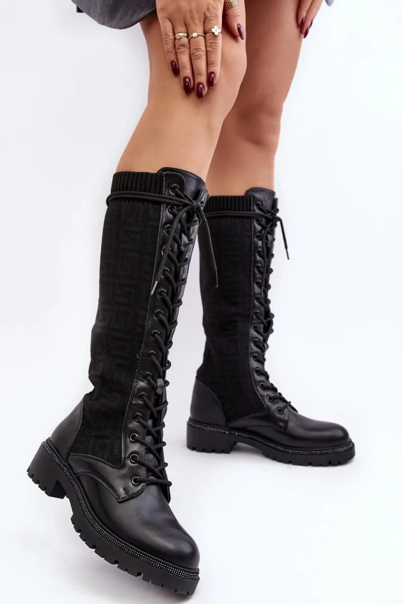 Kozaki Ocieplane|Kozaki Wiosenne>Boto Kozaki Damskie Sznurowane Z Elastyczną Cholewką Czarne Virxinia