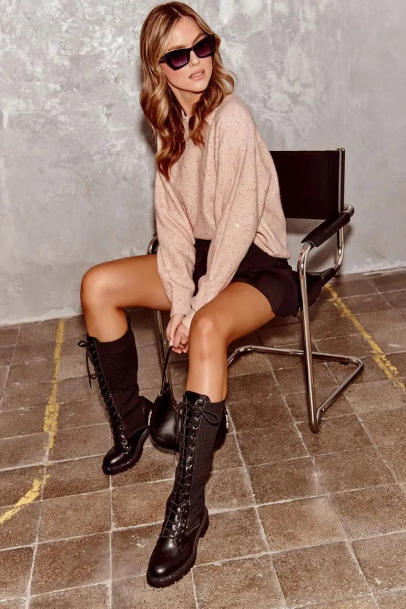 Kozaki Ocieplane|Kozaki Wiosenne>Boto Kozaki Damskie Sznurowane Z Elastyczną Cholewką Czarne Virxinia