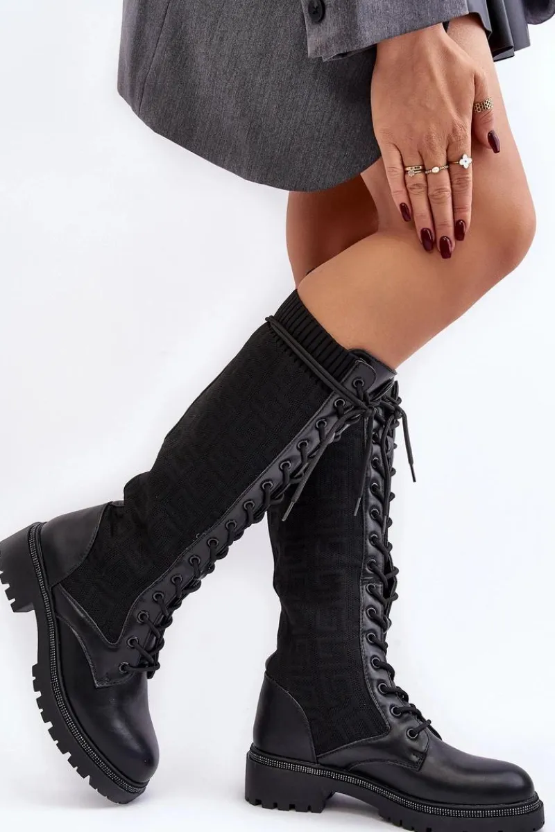 Kozaki Ocieplane|Kozaki Wiosenne>Boto Kozaki Damskie Sznurowane Z Elastyczną Cholewką Czarne Virxinia
