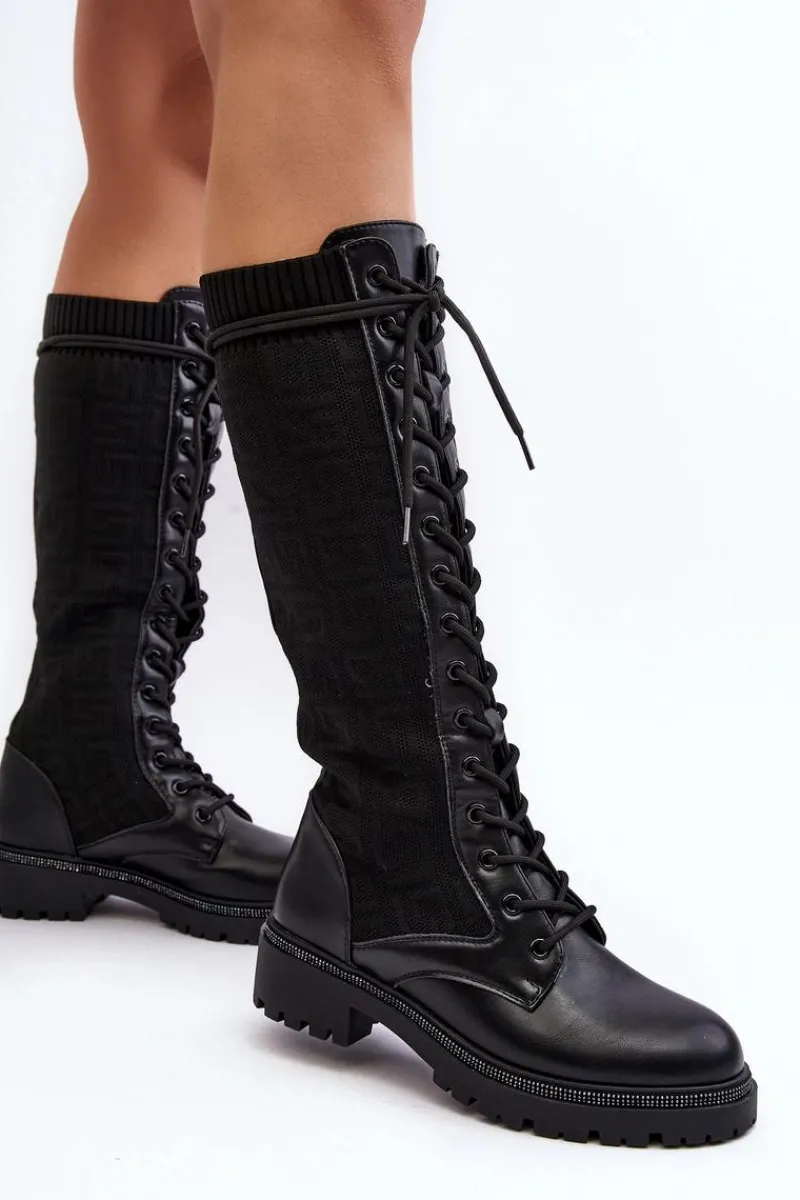 Kozaki Ocieplane|Kozaki Wiosenne>Boto Kozaki Damskie Sznurowane Z Elastyczną Cholewką Czarne Virxinia