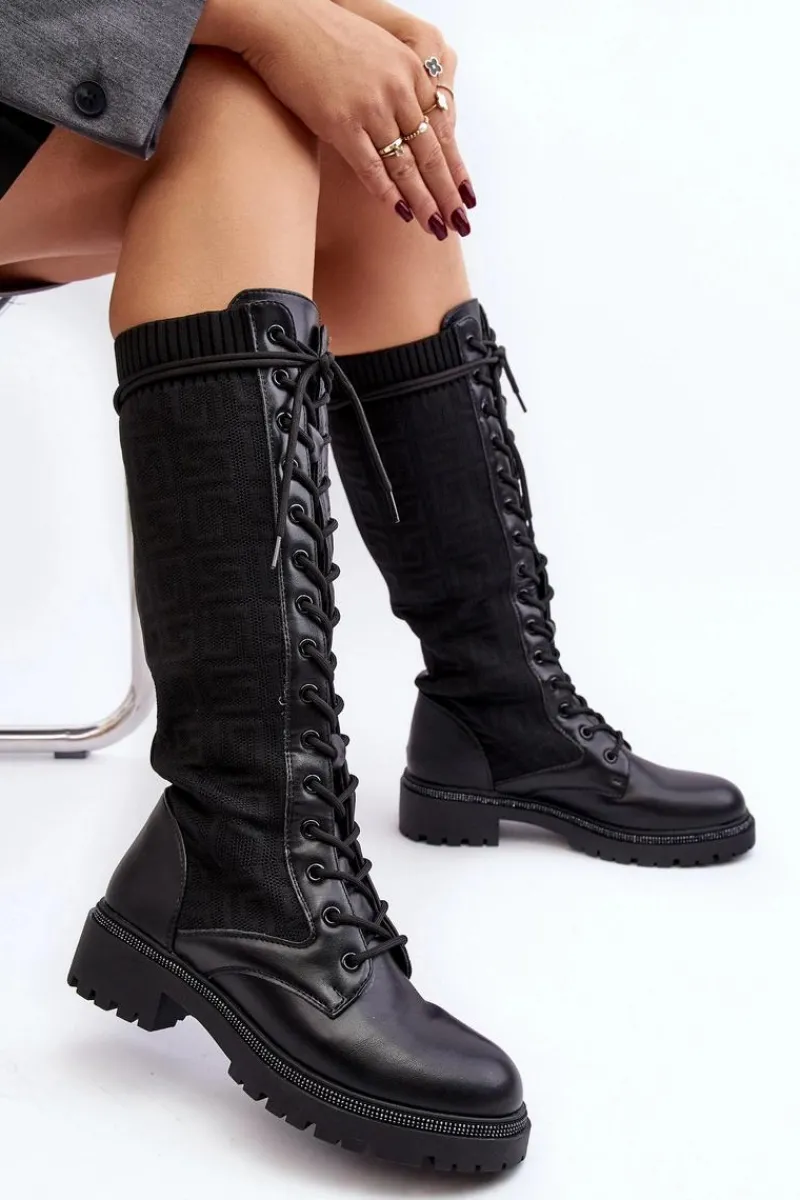 Kozaki Ocieplane|Kozaki Wiosenne>Boto Kozaki Damskie Sznurowane Z Elastyczną Cholewką Czarne Virxinia