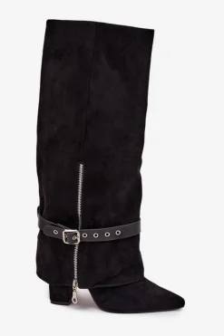 Discount Kozaki Damskie Wsuwane Na Słupku Z Ozdobnym Paskiem Czarne Jolivine Damskie Kozaki Ocieplane|Kozaki Na Słupku