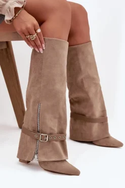 Discount Boto Kozaki Damskie Wsuwane Na Słupku Z Ozdobnym Paskiem Beżowe Jolivine Beżowy