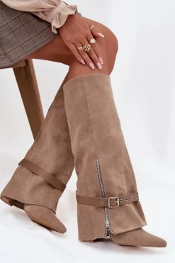 Discount Boto Kozaki Damskie Wsuwane Na Słupku Z Ozdobnym Paskiem Beżowe Jolivine Beżowy