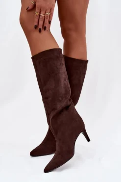 Kozaki Ocieplane|Kozaki Na Szpilce>Boto Kozaki Damskie Wsuwane Ocieplane Na Szpilce Czekoladowe Olivienne Brązowy
