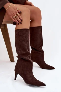 Kozaki Ocieplane|Kozaki Na Szpilce></noscript>Boto Kozaki Damskie Wsuwane Ocieplane Na Szpilce Czekoladowe Olivienne Brązowy