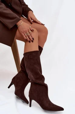 Kozaki Ocieplane|Kozaki Na Szpilce></noscript>Boto Kozaki Damskie Wsuwane Ocieplane Na Szpilce Czekoladowe Olivienne Brązowy