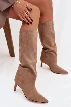 Kozaki Damskie Wsuwane Ocieplane Na Szpilce Beżowe Olivienne Damskie Kozaki Ocieplane|Kozaki Na Szpilce