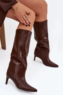 Clearance Boto Kozaki Damskie Wsuwane Ocieplane Na Szpilce Brązowe Olivienne Brązowy