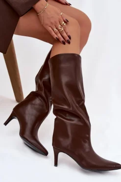 Clearance Boto Kozaki Damskie Wsuwane Ocieplane Na Szpilce Brązowe Olivienne Brązowy