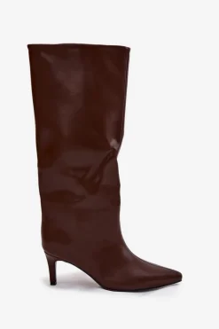 Clearance Boto Kozaki Damskie Wsuwane Ocieplane Na Szpilce Brązowe Olivienne Brązowy