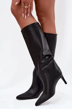 Kozaki Ocieplane|Kozaki Na Szpilce></noscript>Boto Kozaki Damskie Wsuwane Ocieplane Na Szpilce Czarne Olivienne Czarny