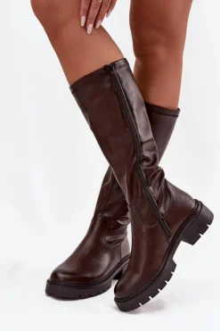 Hot Kozaki Damskie Z Eko Skóry Czekoladowe Oceana Damskie Kozaki Ocieplane|Kozaki Płaskie