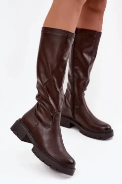 Hot Kozaki Damskie Z Eko Skóry Czekoladowe Oceana Damskie Kozaki Ocieplane|Kozaki Płaskie