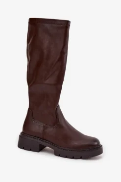 Hot Kozaki Damskie Z Eko Skóry Czekoladowe Oceana Damskie Kozaki Ocieplane|Kozaki Płaskie