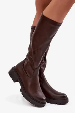 Hot Kozaki Damskie Z Eko Skóry Czekoladowe Oceana Damskie Kozaki Ocieplane|Kozaki Płaskie