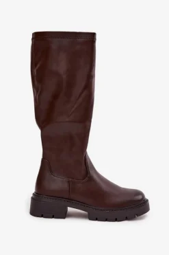 Hot Kozaki Damskie Z Eko Skóry Czekoladowe Oceana Damskie Kozaki Ocieplane|Kozaki Płaskie