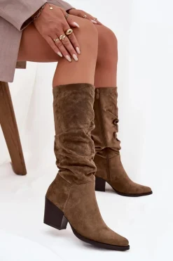 Online Boto Kozaki Damskie Z Marszczoną Cholewką Na Słupku Ocieplane Zielone Paelina Zielony