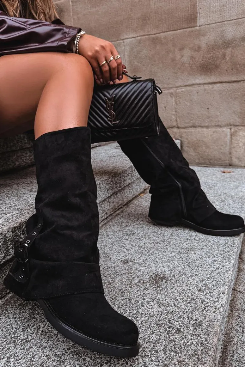 Outlet Boto Kozaki Damskie Z Marszczoną Cholewką I Klamrą Czarne Ophelis