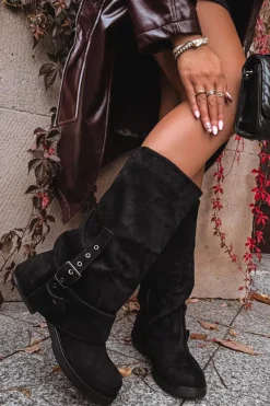 Outlet Boto Kozaki Damskie Z Marszczoną Cholewką I Klamrą Czarne Ophelis