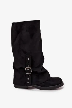 Outlet Boto Kozaki Damskie Z Marszczoną Cholewką I Klamrą Czarne Ophelis