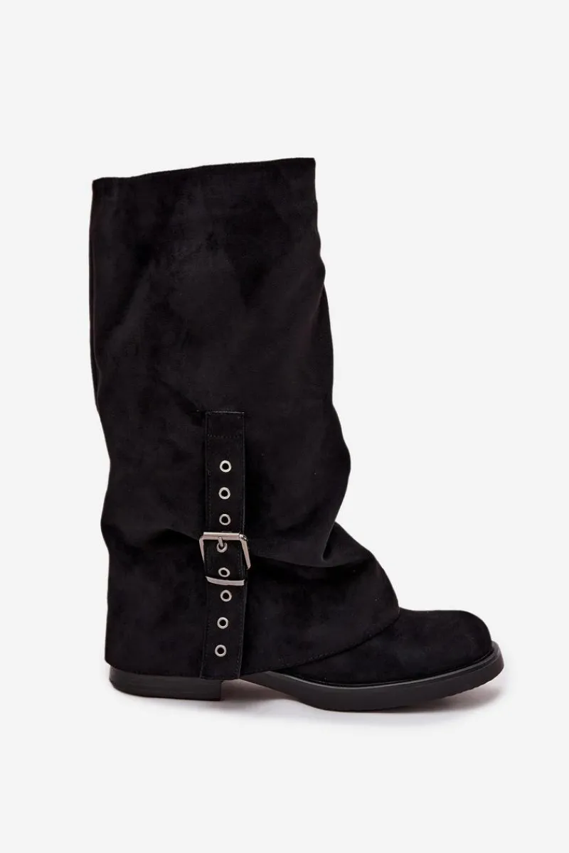 Outlet Boto Kozaki Damskie Z Marszczoną Cholewką I Klamrą Czarne Ophelis