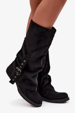 Outlet Boto Kozaki Damskie Z Marszczoną Cholewką I Klamrą Czarne Ophelis