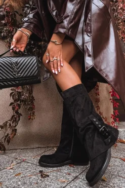 Outlet Boto Kozaki Damskie Z Marszczoną Cholewką I Klamrą Czarne Ophelis