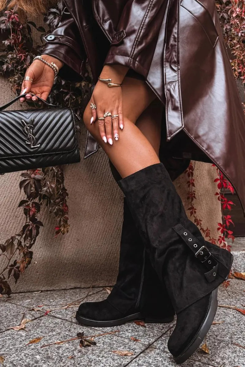 Outlet Boto Kozaki Damskie Z Marszczoną Cholewką I Klamrą Czarne Ophelis