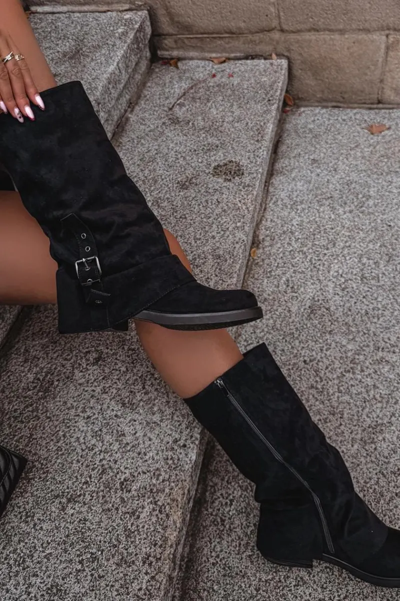 Outlet Boto Kozaki Damskie Z Marszczoną Cholewką I Klamrą Czarne Ophelis