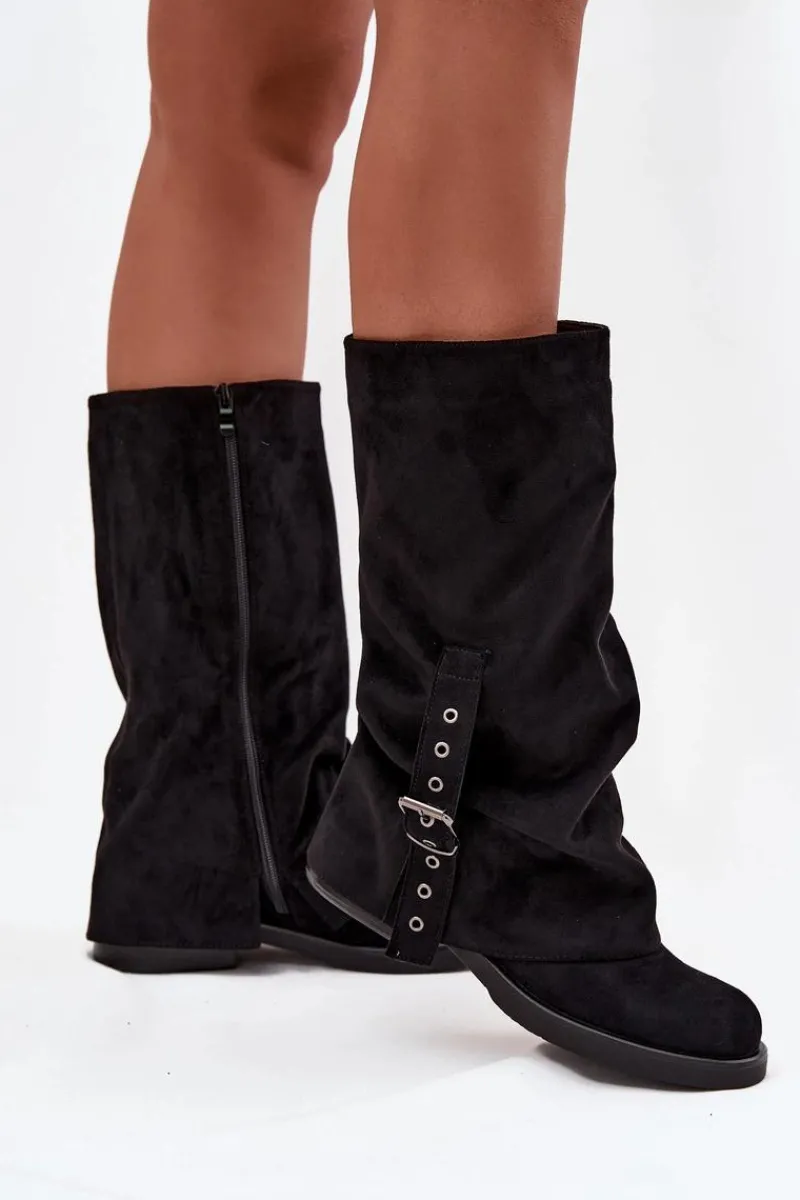 Outlet Boto Kozaki Damskie Z Marszczoną Cholewką I Klamrą Czarne Ophelis