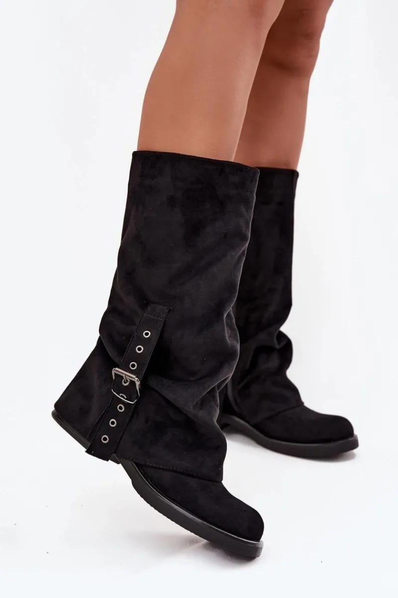 Outlet Boto Kozaki Damskie Z Marszczoną Cholewką I Klamrą Czarne Ophelis