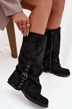 Outlet Boto Kozaki Damskie Z Marszczoną Cholewką I Klamrą Czarne Ophelis