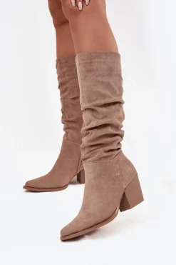 Discount Kozaki Damskie Z Marszczoną Cholewką Na Słupku Ocieplane Beżowe Paelina Damskie Kozaki Na Słupku|Kozaki Przed Kolano