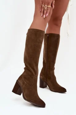 Best Kozaki Damskie Z Naturalnego Zamszu Ocieplane Obcas Słupek Sergio Leone KZ25668-S Oliwkowe Damskie Kozaki Ocieplane|Kozaki Na Słupku